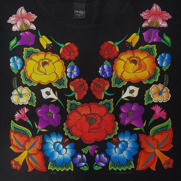 NWOT Sabaku Artwear Womens 1X Black 3/4 Sleeve FLOWER Shirt Huipil Southwest Art - Picture 6 of 10